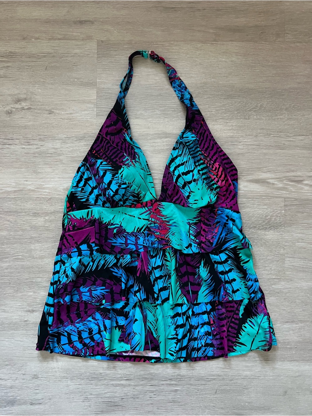 Caribbean Joe Tropical Floral Tiered Halter Swim Top US 16 Teal Purple Black
